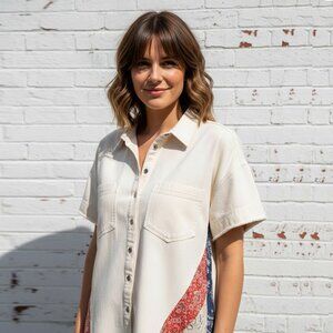 Bohemian ivory cotton shirt - Colorful patchwork side panel blouse